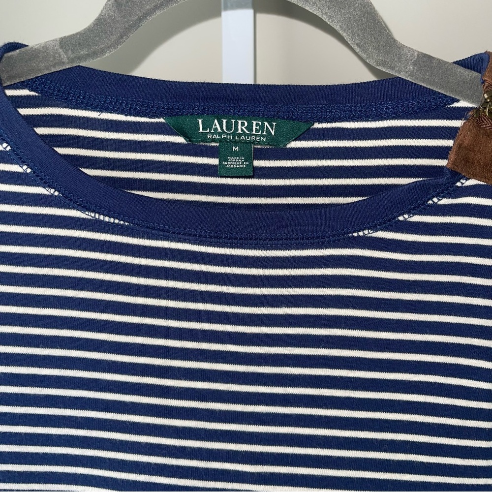 Lauren Ralph Lauren Navy White Striped Long Sleeve Top Suede Elbow Patches M - Picture 3 of 5
